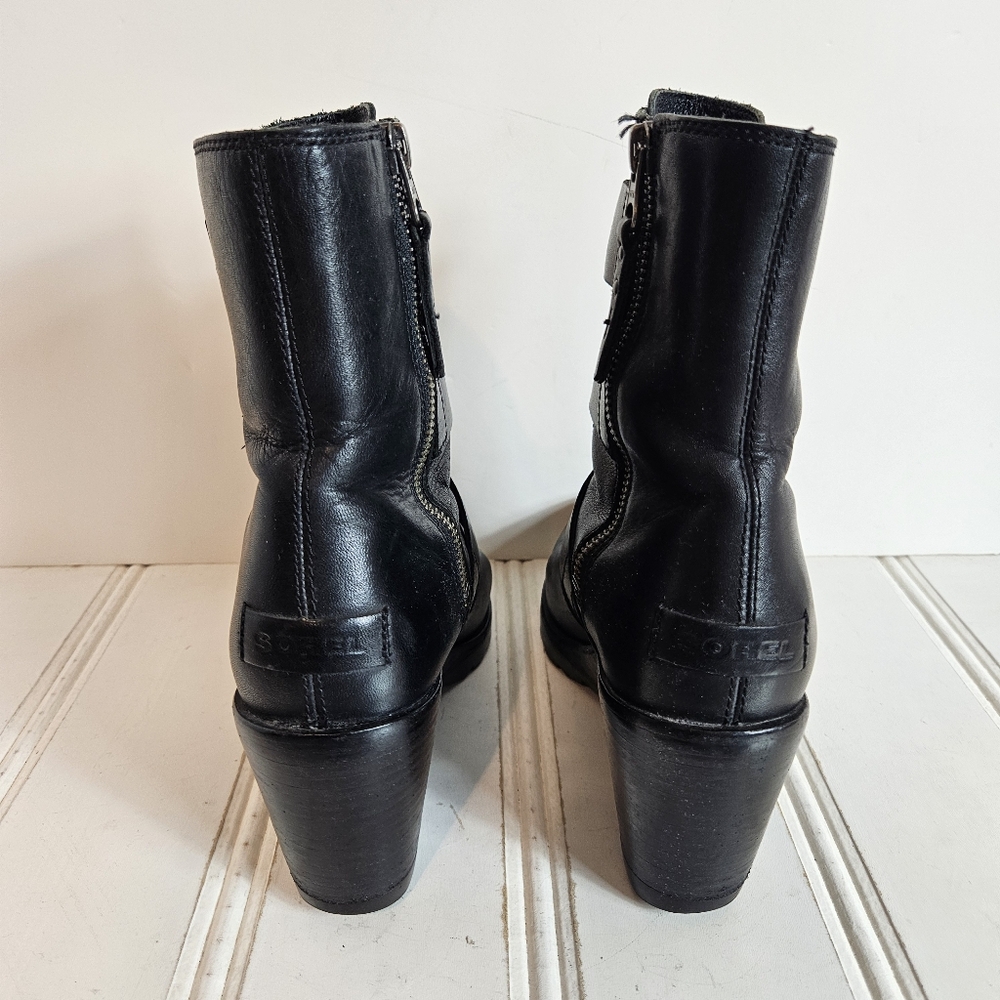 Sorel Wedge Booties Womens Sz 7 Black Leather Triple Buckle Moto Ankle Boots - Picture 4 of 13